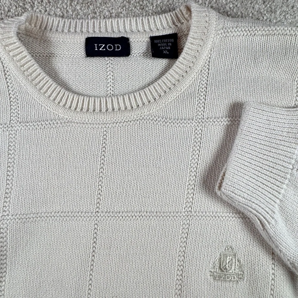 IZOD Mens XL Off White Textured Windowpane Cotton Crewneck Sweater Made in Japan